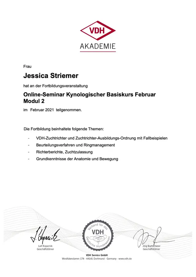 Teilnahmebestätigung: Kynologischer Basiskurs, Modul 2