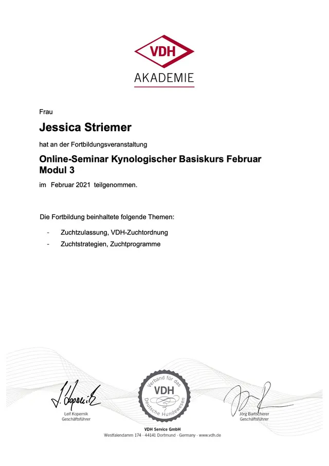 Teilnahmebestätigung: Kynologischer Basiskurs, Modul 3