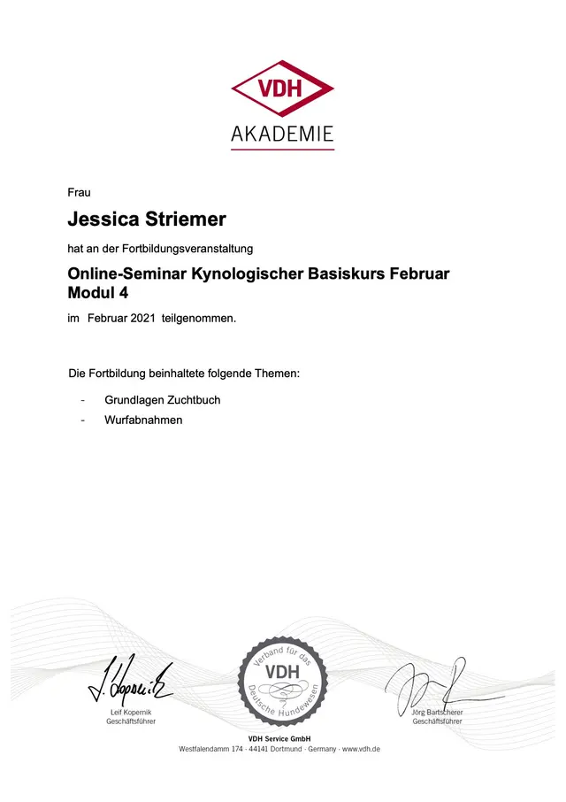Teilnahmebestätigung: Kynologischer Basiskurs, Modul 4